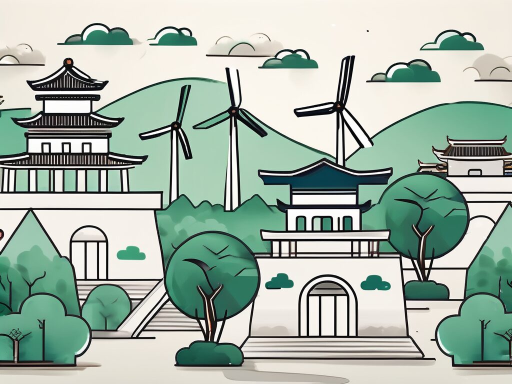 A classroom setting with environmental elements like trees and wind turbines