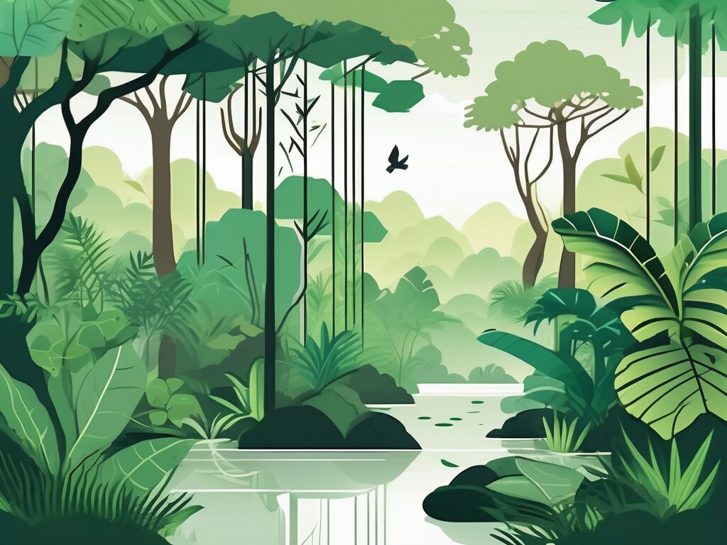 A lush malaysian rainforest with symbols representing education (like a graduation cap and diploma) subtly incorporated into the scenery