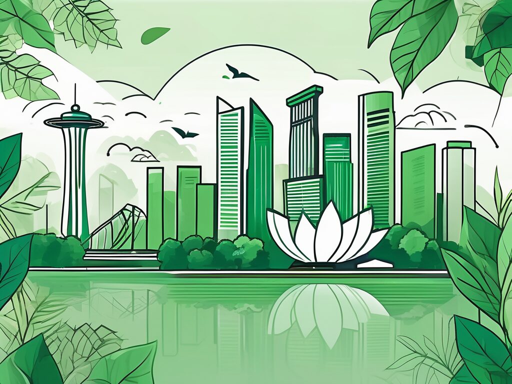 A lush green singapore skyline with iconic landmarks subtly integrated
