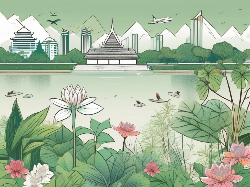 A lush thai landscape featuring a variety of local flora and fauna