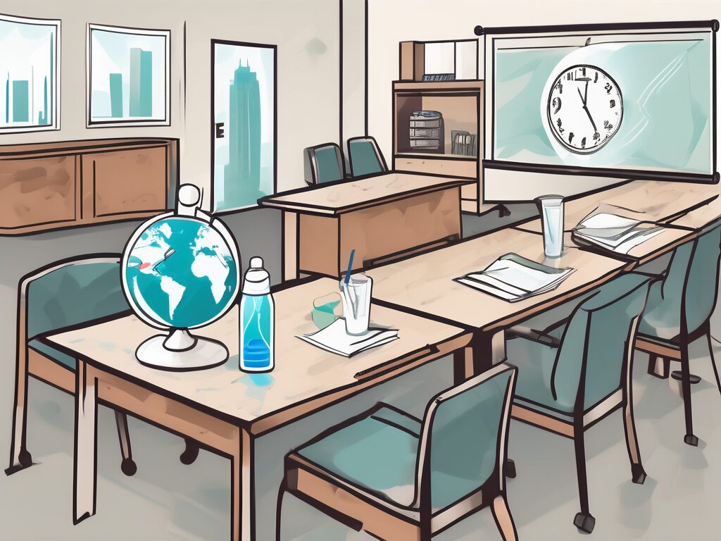 A classroom setting in dubai with various symbols representing common challenges