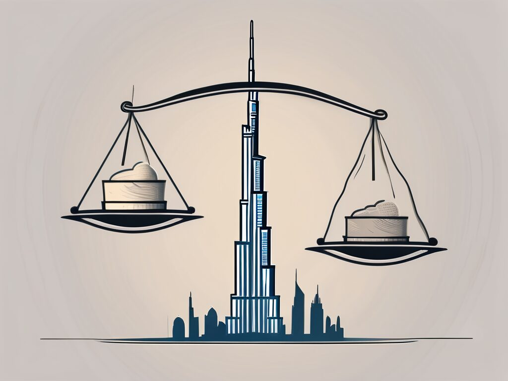 A balanced scale with a graduation cap on one side and the iconic burj khalifa on the other
