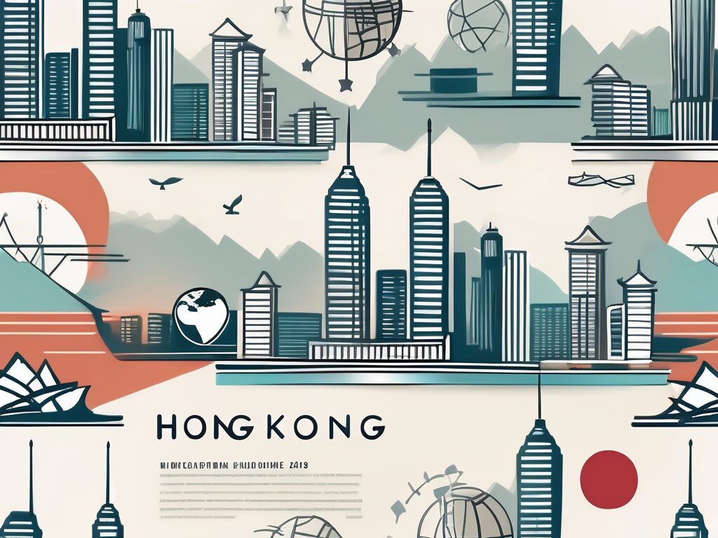 The hong kong skyline with iconic educational symbols such as graduation cap