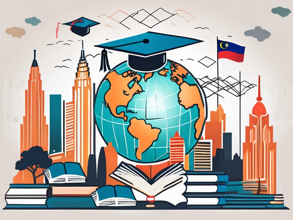 The malaysian landscape with various iconic educational symbols like graduation cap