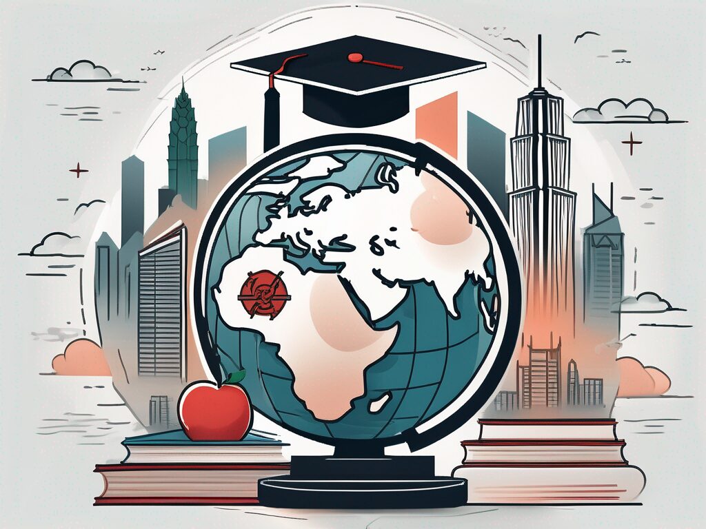 A globe with iconic hong kong landmarks like the skyline and a graduation cap