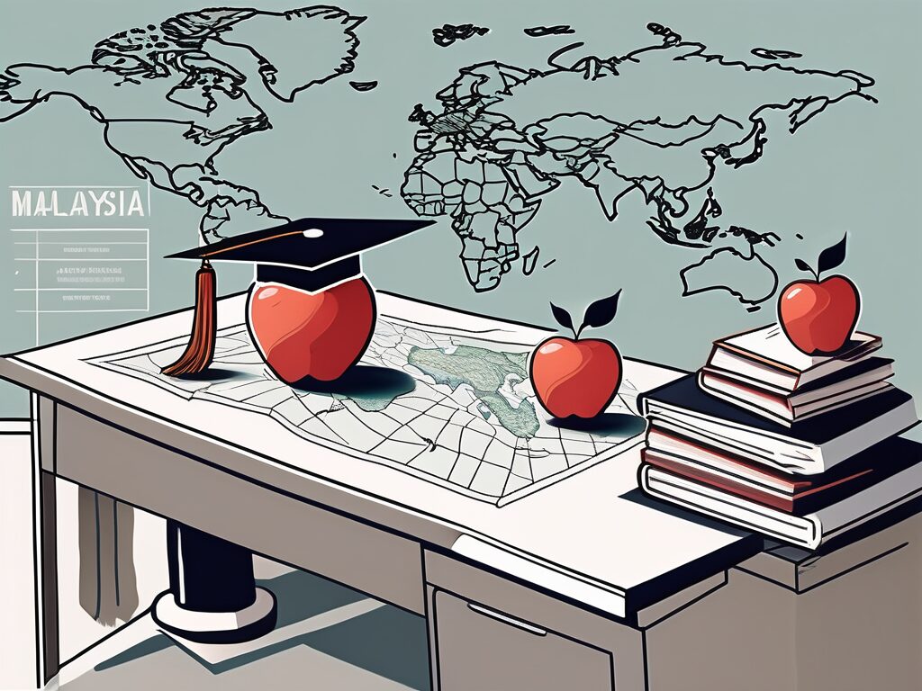 A classroom setting with a teacher's desk