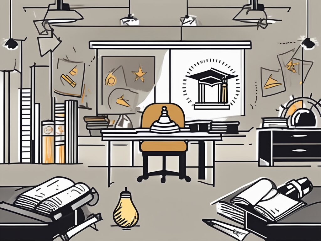 A classroom setting in hong kong with a teacher's desk displaying a graduation cap and a diploma