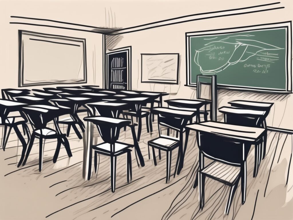 A classroom setting with empty chairs