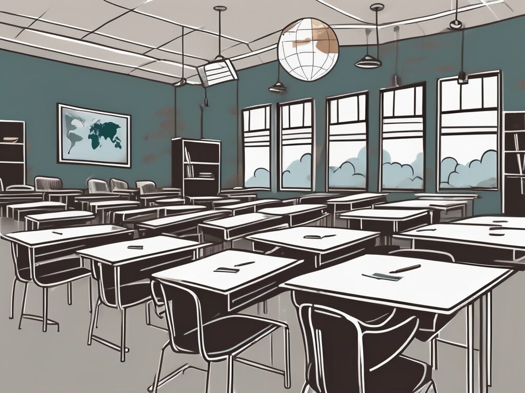 A classroom setting with empty chairs