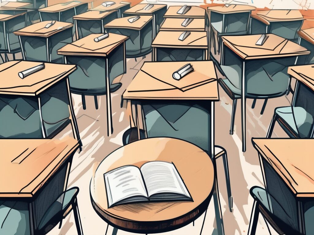 A classroom setting with empty chairs