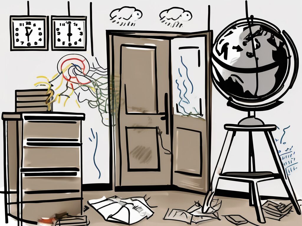 A classroom setting in thailand with various symbols representing common challenges like a broken clock (for time management issues)