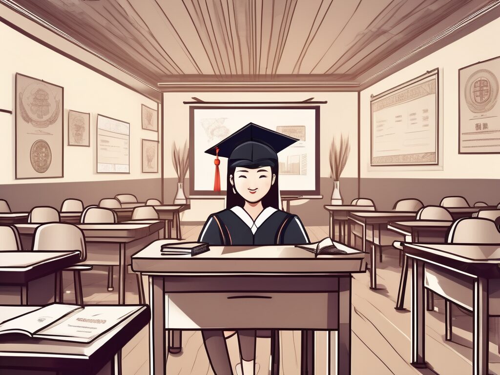 A classroom setting in china with a graduation cap and diploma on the teacher's desk