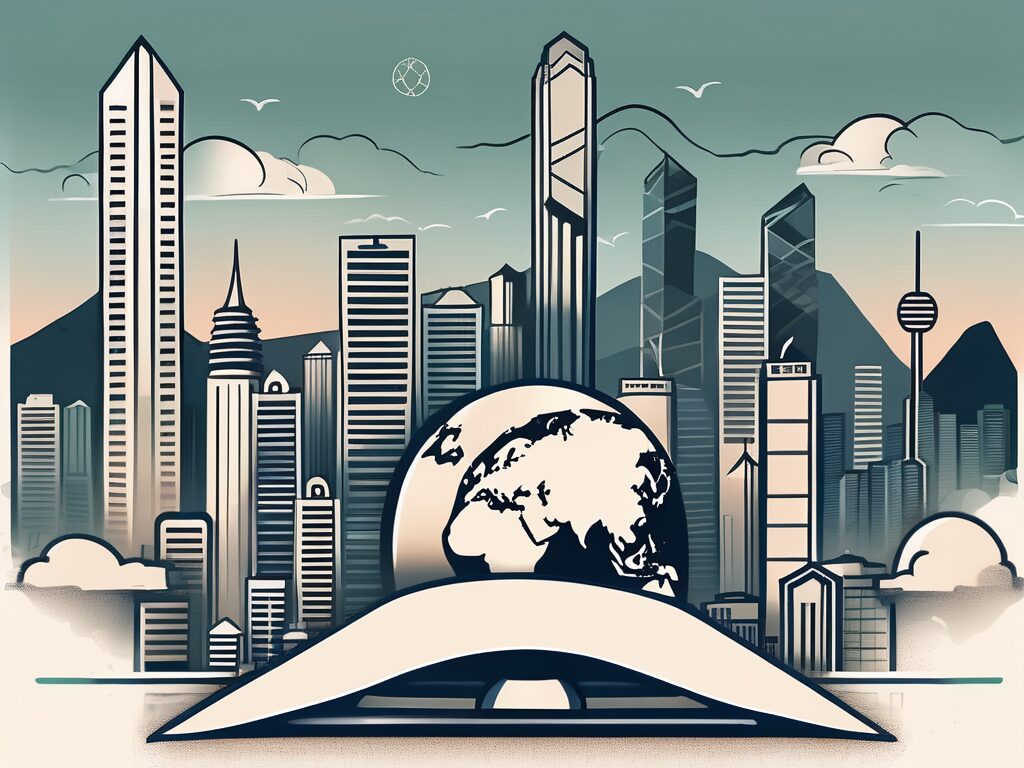 A skyline of hong kong with iconic educational symbols like a graduation cap