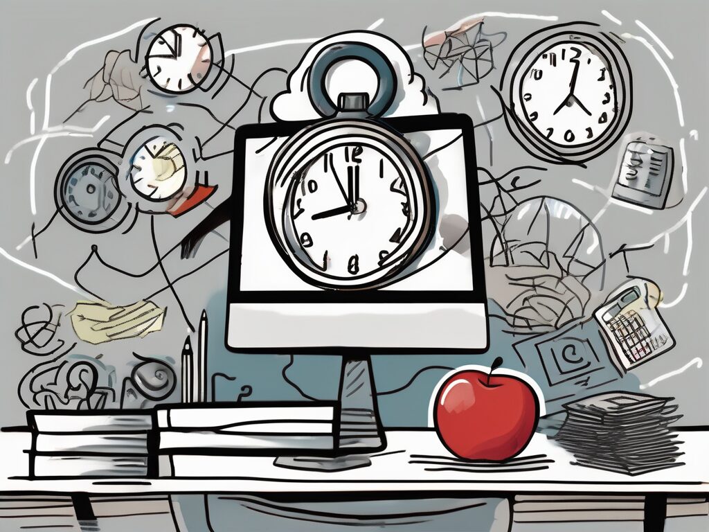 A classroom setting with various symbols representing challenges such as a broken clock (time management issues)