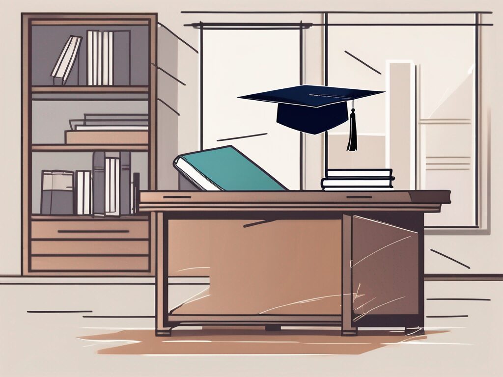 A classroom setting in malaysia with a graduation cap and a diploma placed prominently on the teacher's desk