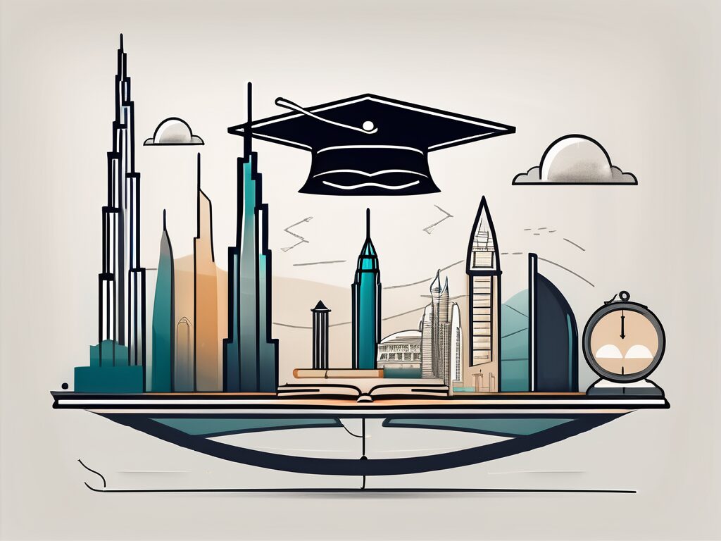 A balanced scale with iconic dubai landmarks on one side and educational symbols like graduation cap