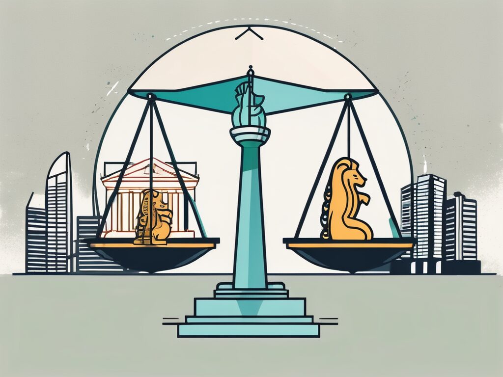A balanced scale with one side holding a graduation cap symbolizing a master's in education and the other side holding iconic singapore symbols like the merlion or marina bay sands