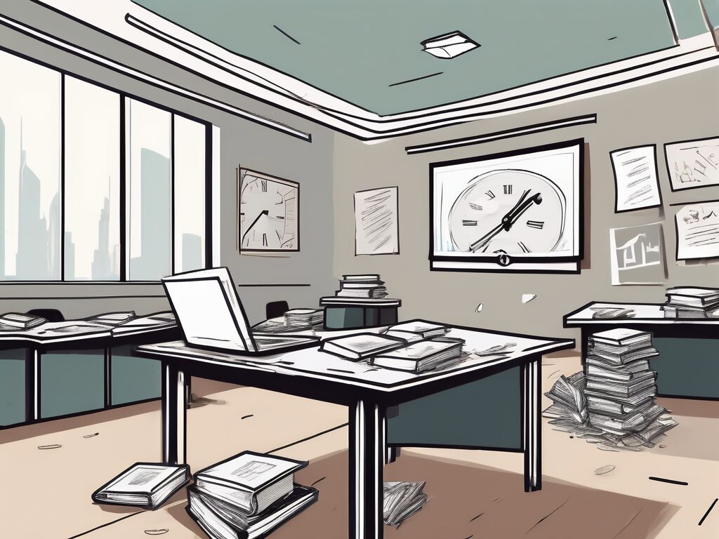 A classroom setting in dubai with symbolic elements representing challenges such as a broken computer
