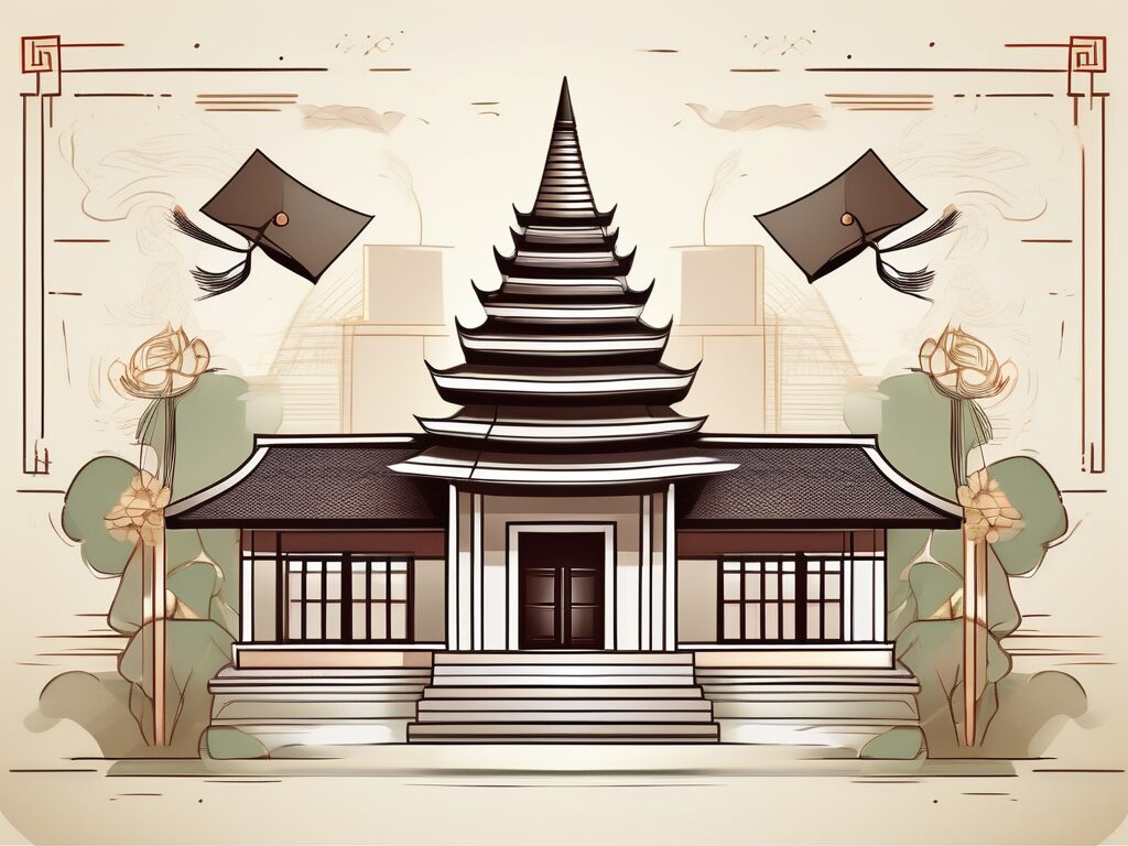 A traditional thai school building with a graduation cap and diploma symbolically placed on top