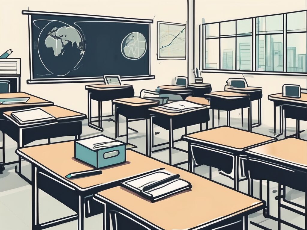 A classroom setting in hong kong with various international educational tools and symbols