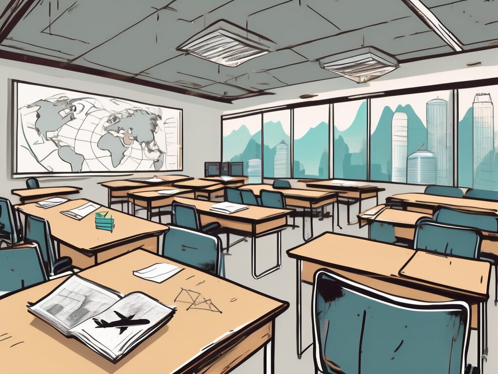 A classroom setting in hong kong with empty chairs and desks