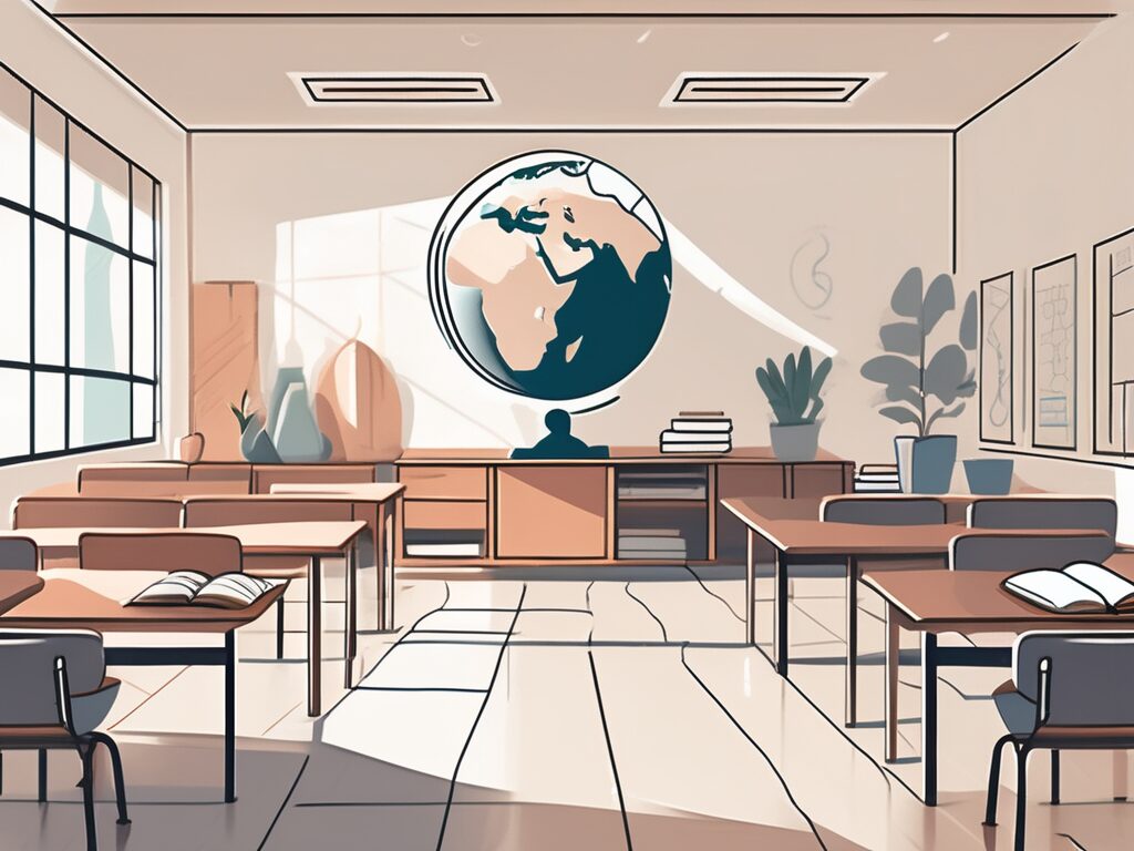 A serene classroom setting in dubai with elements like a globe