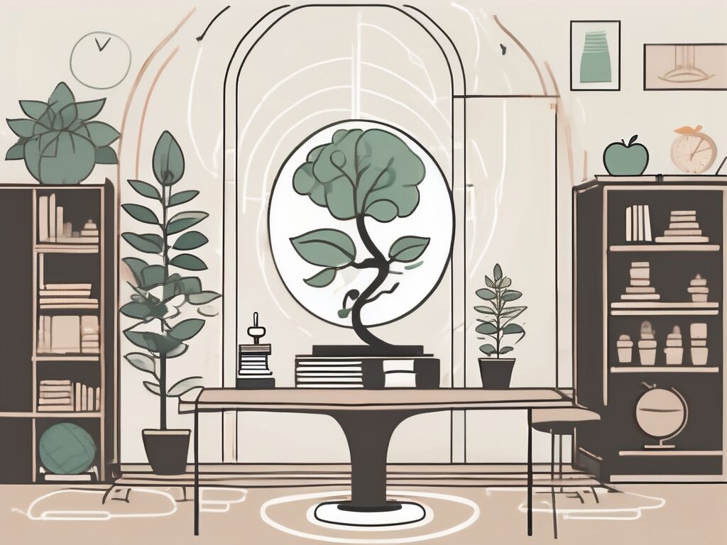 A tranquil classroom in hong kong with elements symbolizing well-being such as a plant for growth