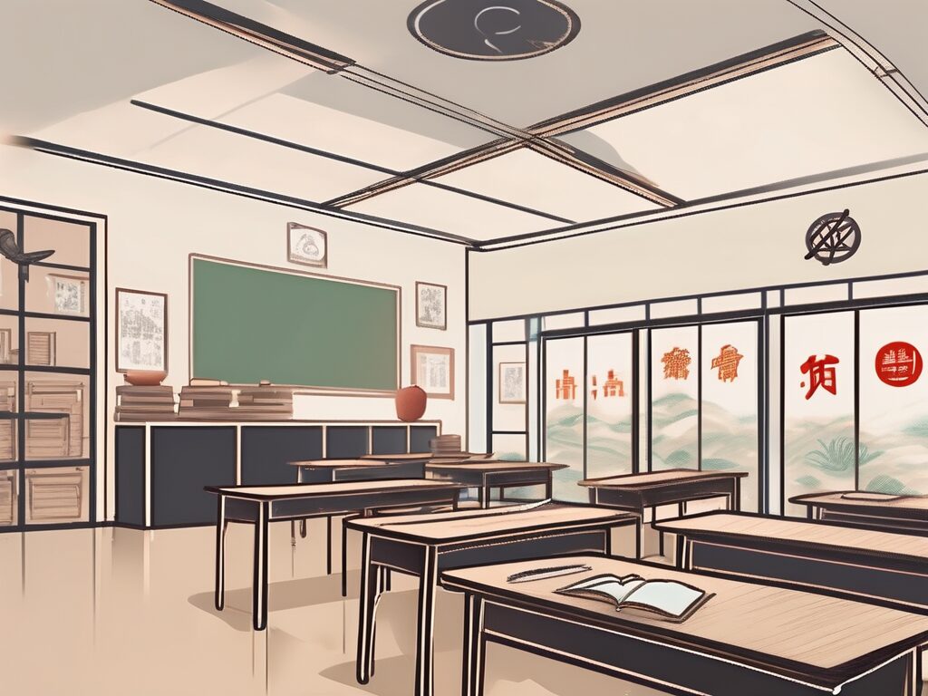 A classroom setting in china with various educational tools and symbols