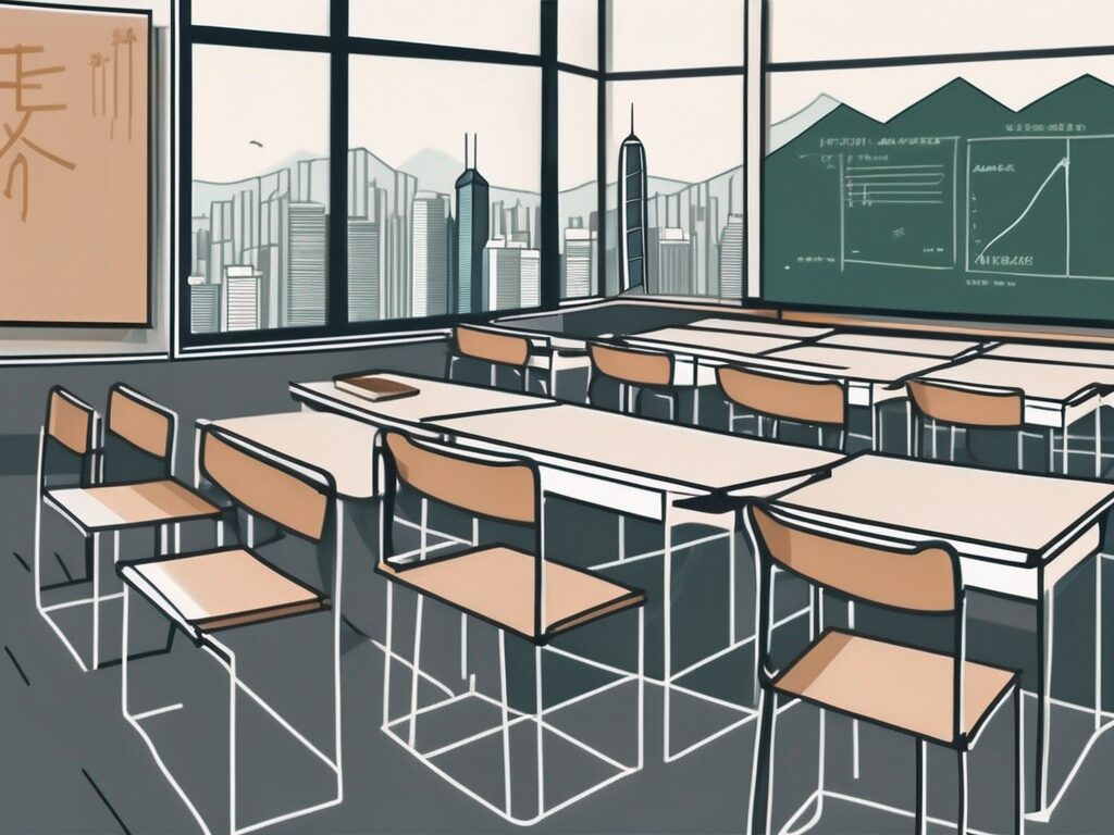 A classroom setting with iconic hong kong landmarks in the background