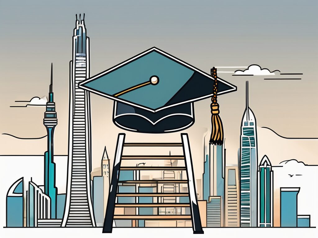 A graduation cap placed on top of a ladder