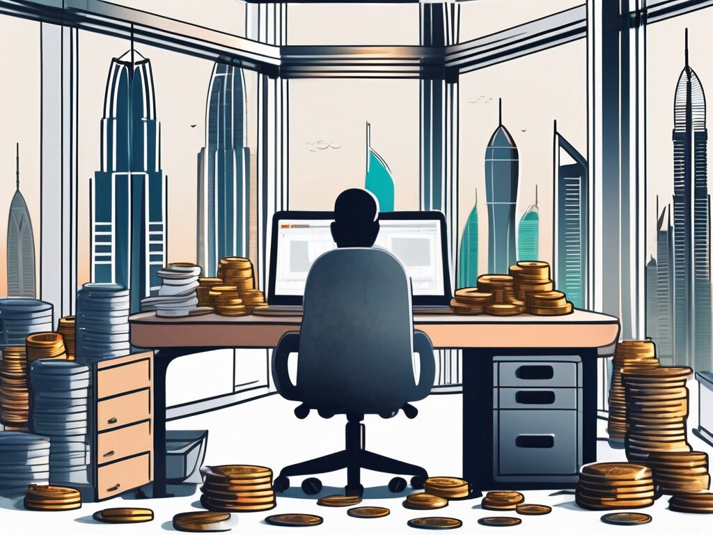 A luxurious dubai skyline with a teacher's desk filled with international teaching tools in the foreground