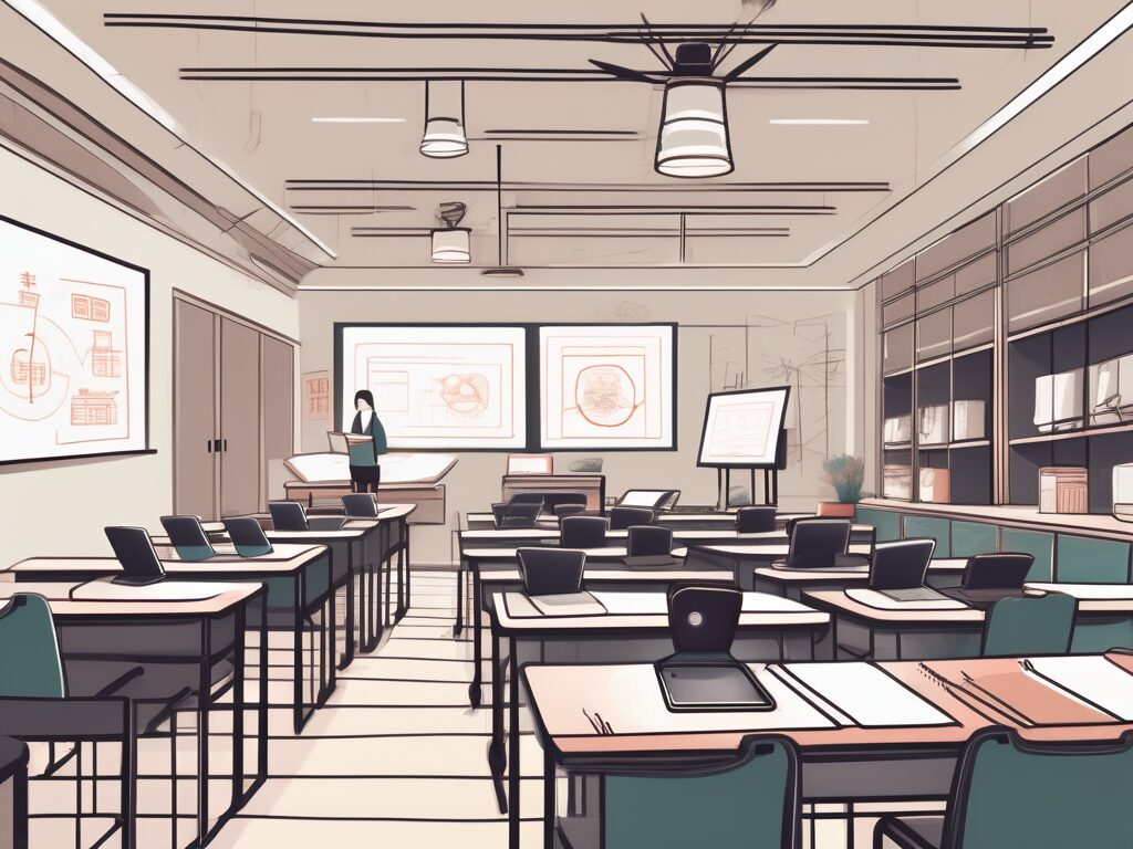 A modern chinese classroom filled with various technological tools such as laptops